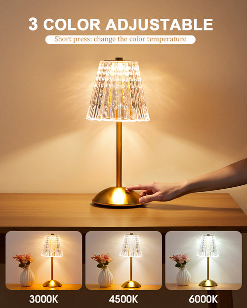 Rechargeable Cordless Table Lamp, Touch Control Crystal Desk Lamp with 3500mAh Battery, 3 Color Dimmable LED Small Lamp for Bedroom Bedside Restaurant Kitchen Home Decor, Gold