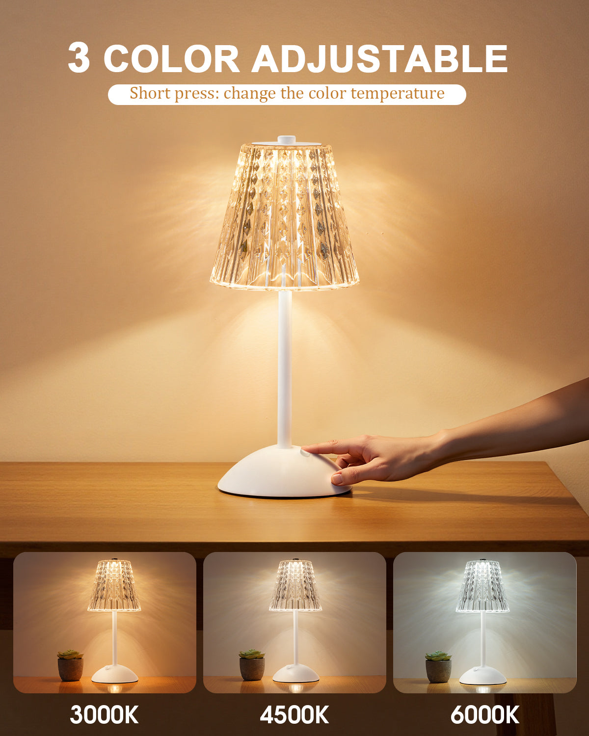 Cordless Touch Table Lamp, LED Rechargeable Small Dask Lamp, 3 Colors Dimmable Battery Operated Crysta Lamp for Bedroom Restaurant Kitchen Home Decor, White