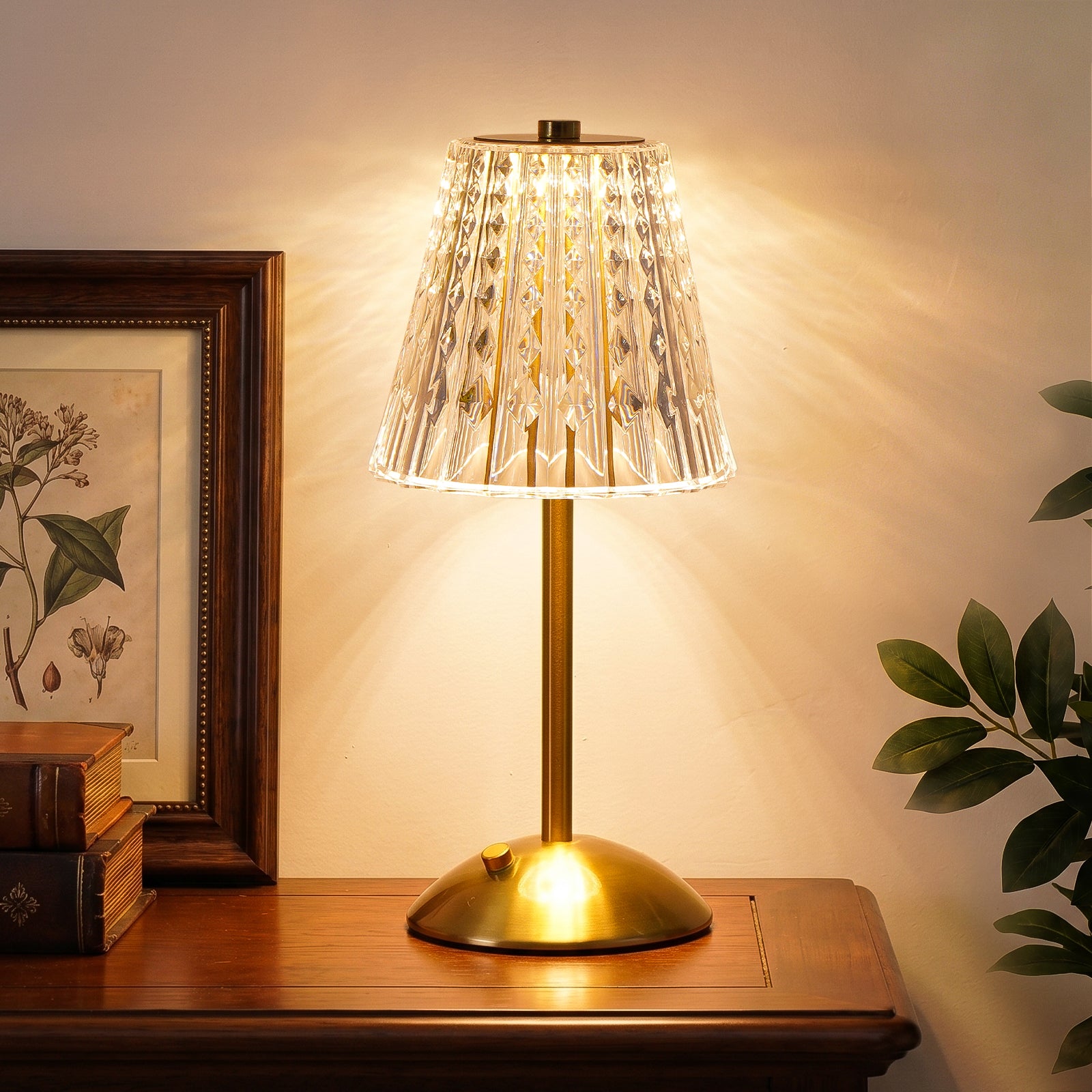 Rechargeable Cordless Table Lamp, Touch Control Crystal Desk Lamp with 3500mAh Battery, 3 Color Dimmable LED Small Lamp for Bedroom Bedside Restaurant Kitchen Home Decor, Gold