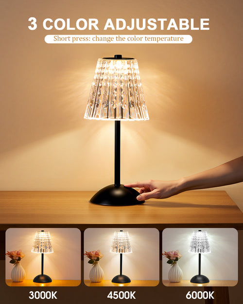 Rechargeable Cordless Table Lamp, Touch Control Crystal Desk Lamp with 3500mAh Battery, 3 Color Dimmable LED Small Lamp for Bedroom Bedside Restaurant Kitchen Home Decor, Black