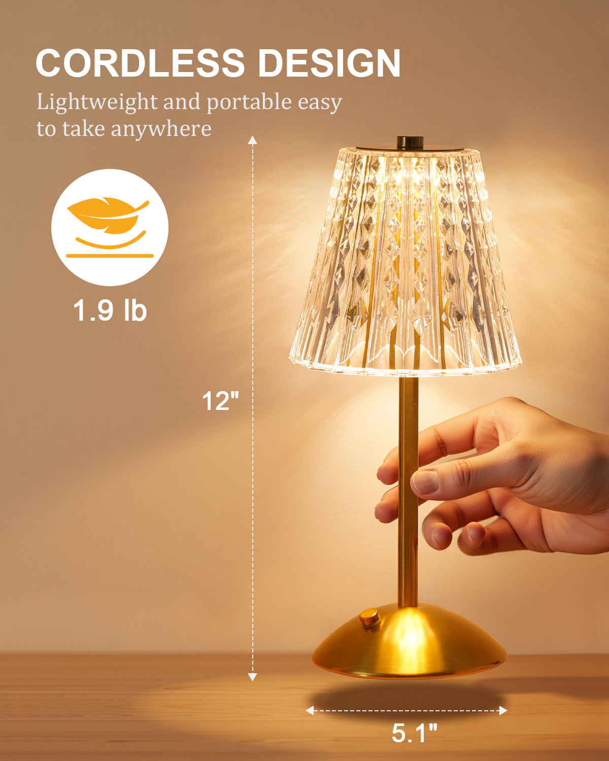 Rechargeable Cordless Table Lamp, Touch Control Crystal Desk Lamp with 3500mAh Battery, 3 Color Dimmable LED Small Lamp for Bedroom Bedside Restaurant Kitchen Home Decor, Gold