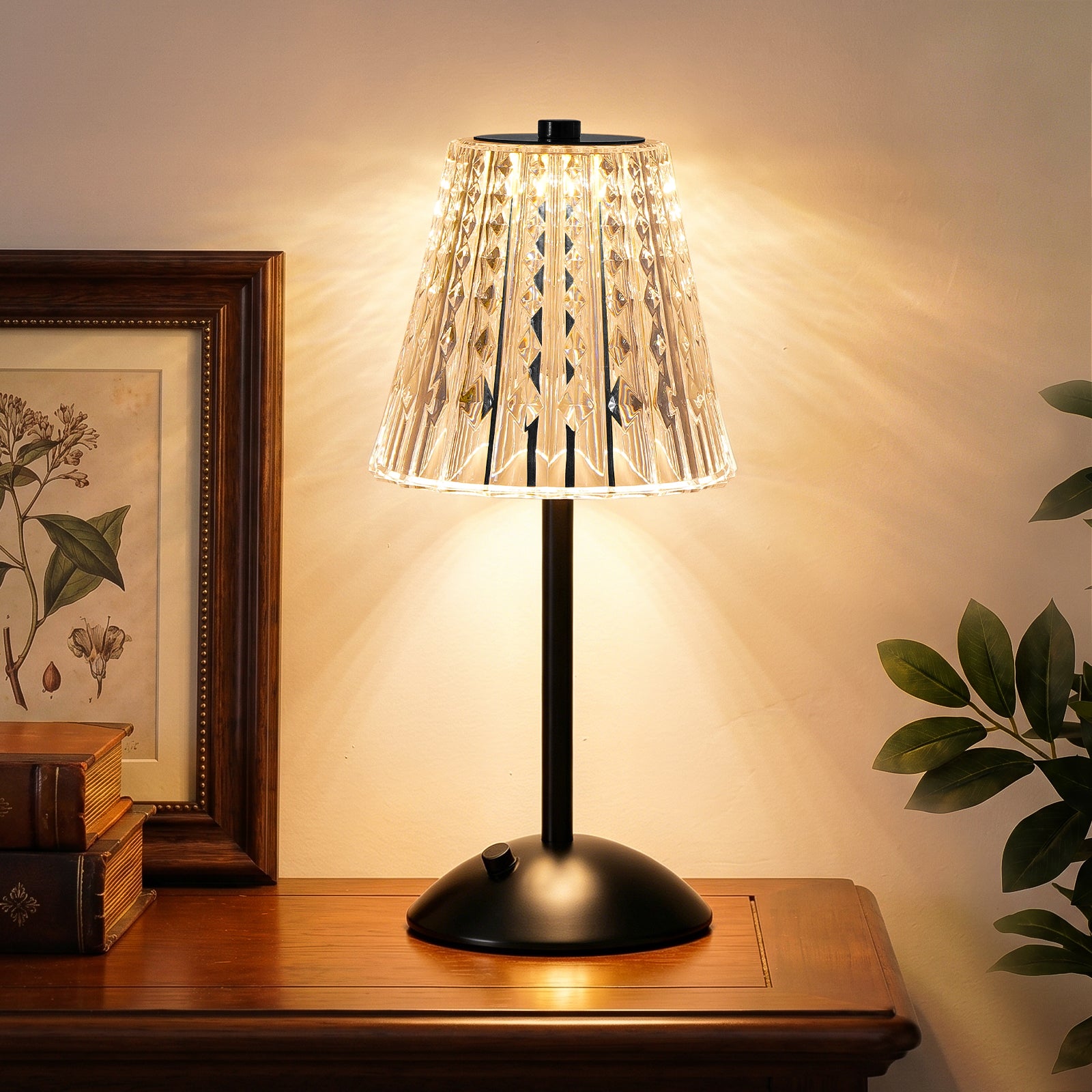 Rechargeable Cordless Table Lamp, Touch Control Crystal Desk Lamp with 3500mAh Battery, 3 Color Dimmable LED Small Lamp for Bedroom Bedside Restaurant Kitchen Home Decor, Black