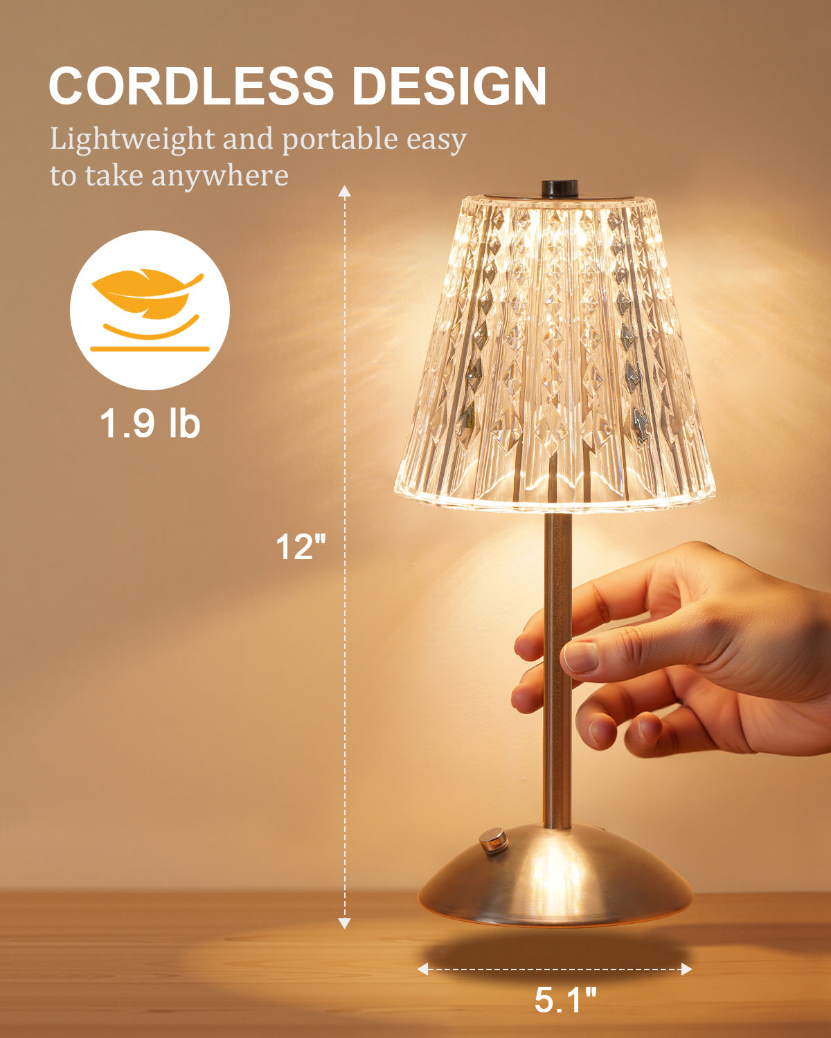 Cordless Touch Table Lamp, LED Rechargeable Small Dask Lamp, 3 Colors Dimmable Battery Operated Crysta Lamp for Bedroom Restaurant Kitchen Home Decor,Silver