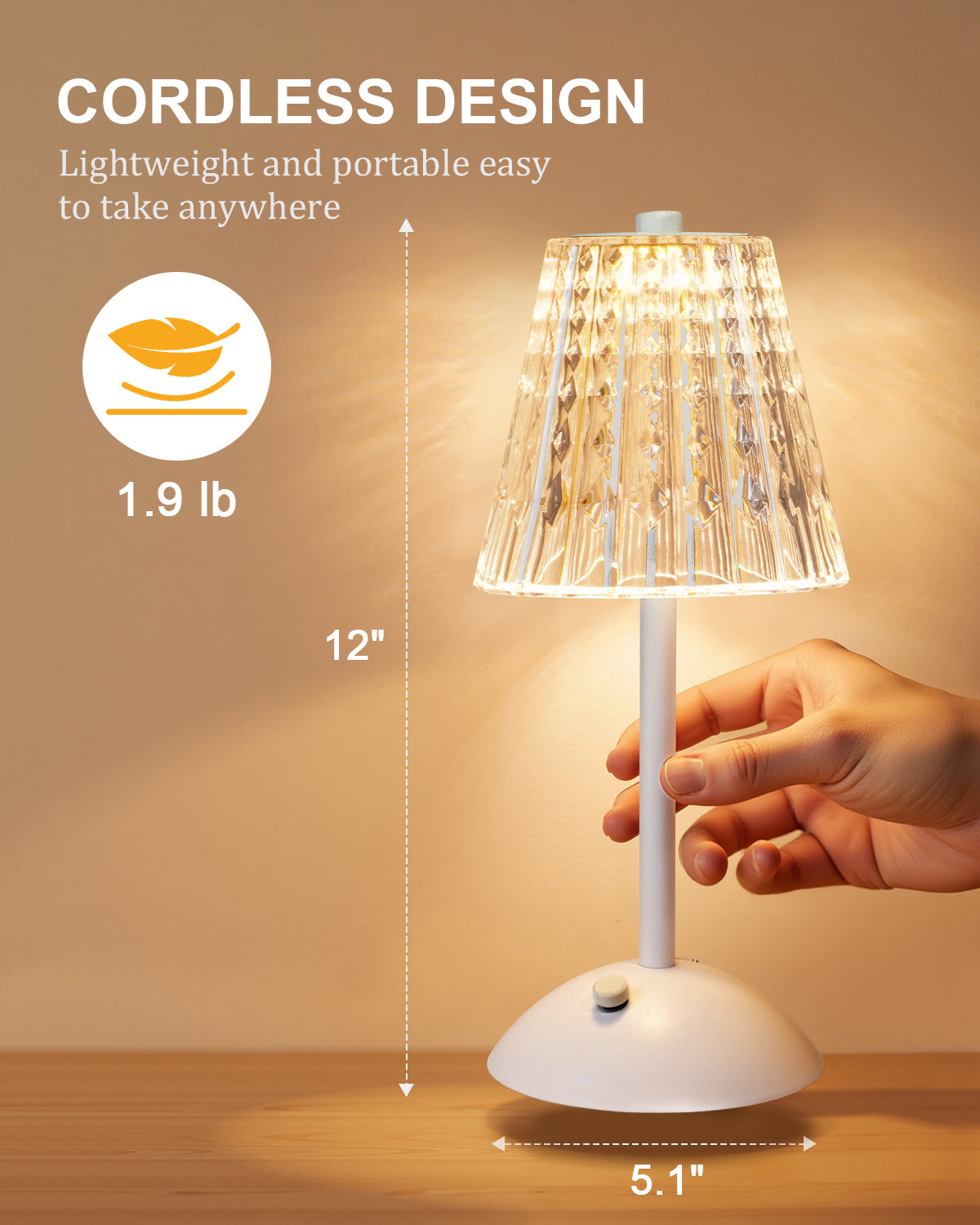 Cordless Touch Table Lamp, LED Rechargeable Small Dask Lamp, 3 Colors Dimmable Battery Operated Crysta Lamp for Bedroom Restaurant Kitchen Home Decor, White