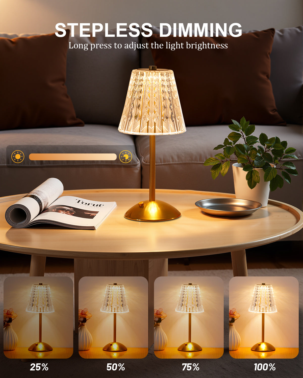 Rechargeable Cordless Table Lamp, Touch Control Crystal Desk Lamp with 3500mAh Battery, 3 Color Dimmable LED Small Lamp for Bedroom Bedside Restaurant Kitchen Home Decor, Gold