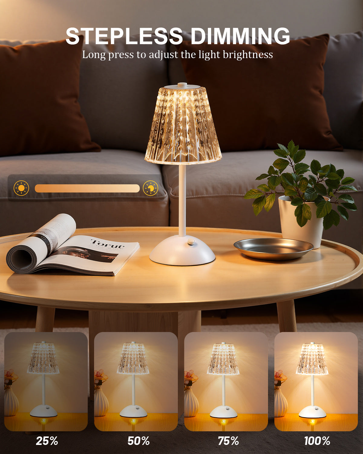 Cordless Touch Table Lamp, LED Rechargeable Small Dask Lamp, 3 Colors Dimmable Battery Operated Crysta Lamp for Bedroom Restaurant Kitchen Home Decor, White