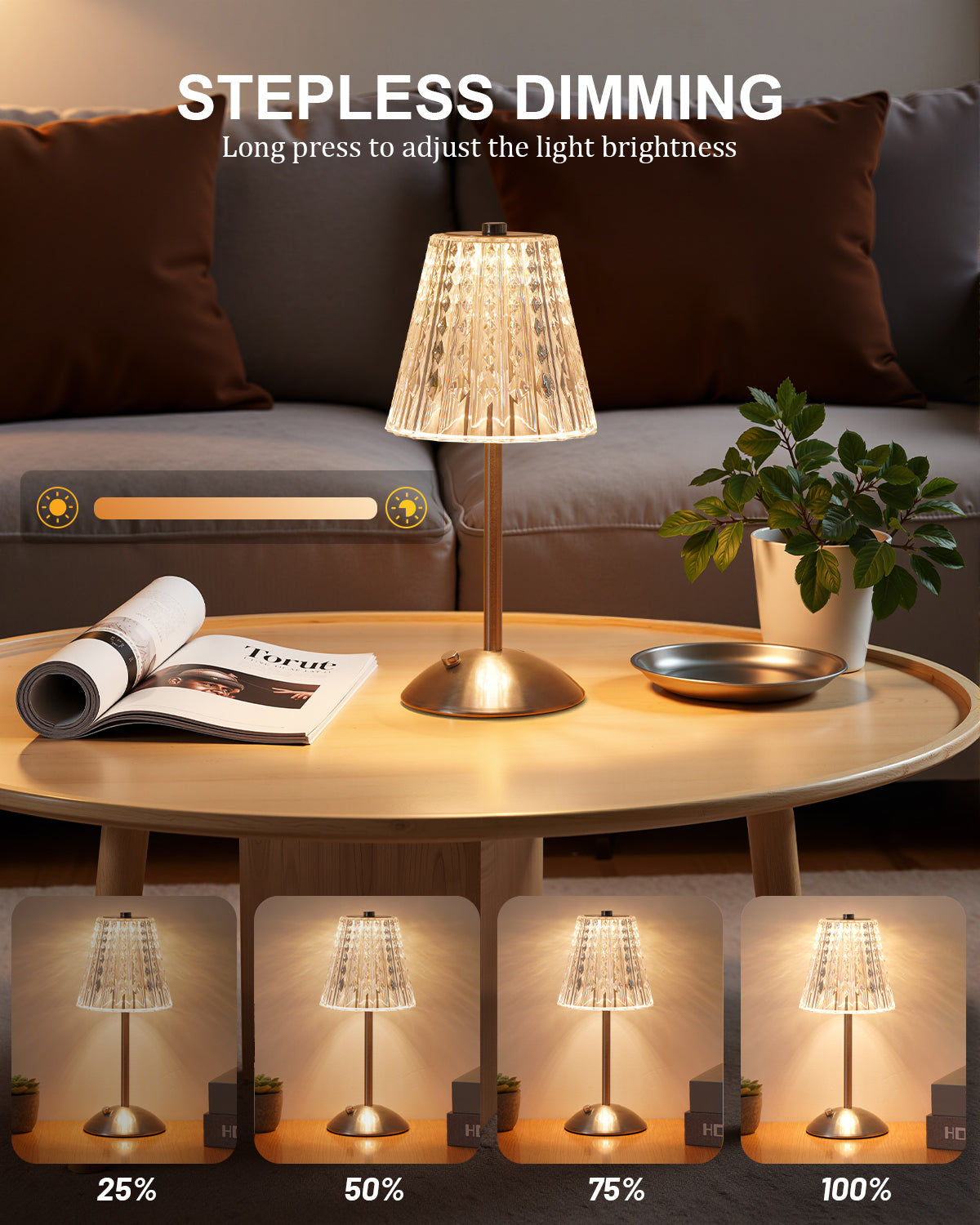 Cordless Touch Table Lamp, LED Rechargeable Small Dask Lamp, 3 Colors Dimmable Battery Operated Crysta Lamp for Bedroom Restaurant Kitchen Home Decor,Silver