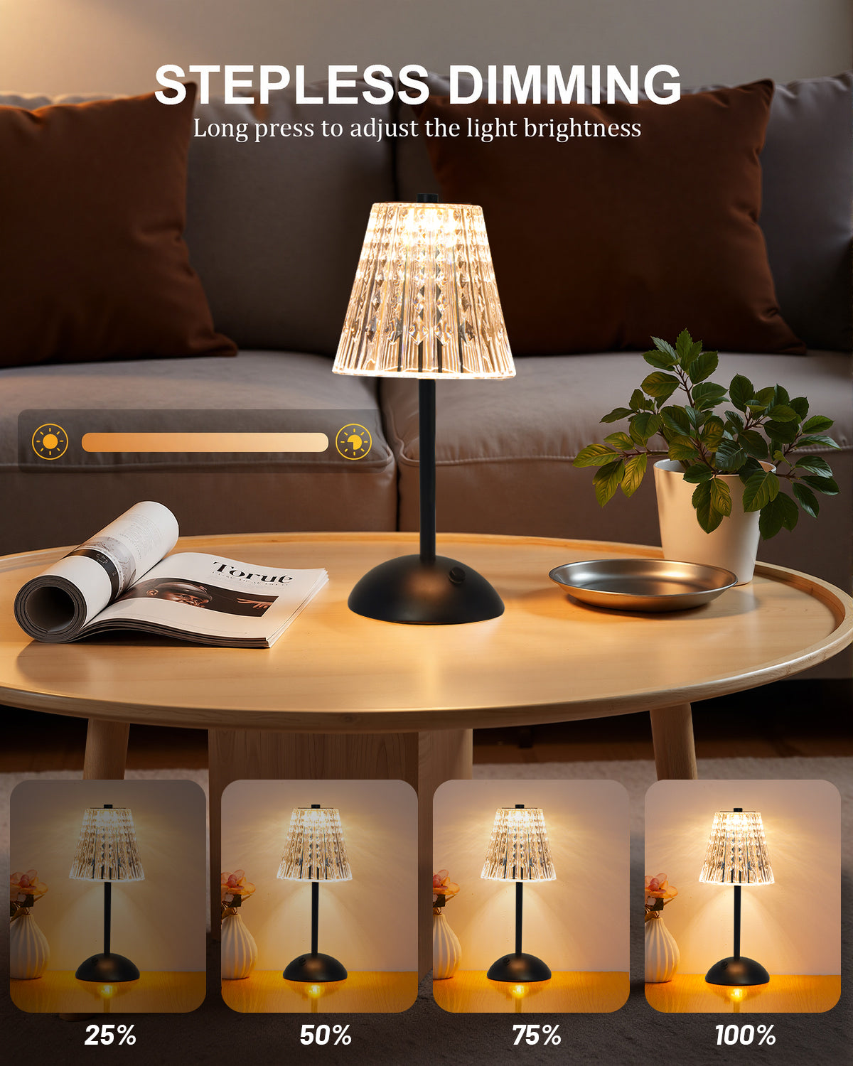 Rechargeable Cordless Table Lamp, Touch Control Crystal Desk Lamp with 3500mAh Battery, 3 Color Dimmable LED Small Lamp for Bedroom Bedside Restaurant Kitchen Home Decor, Black