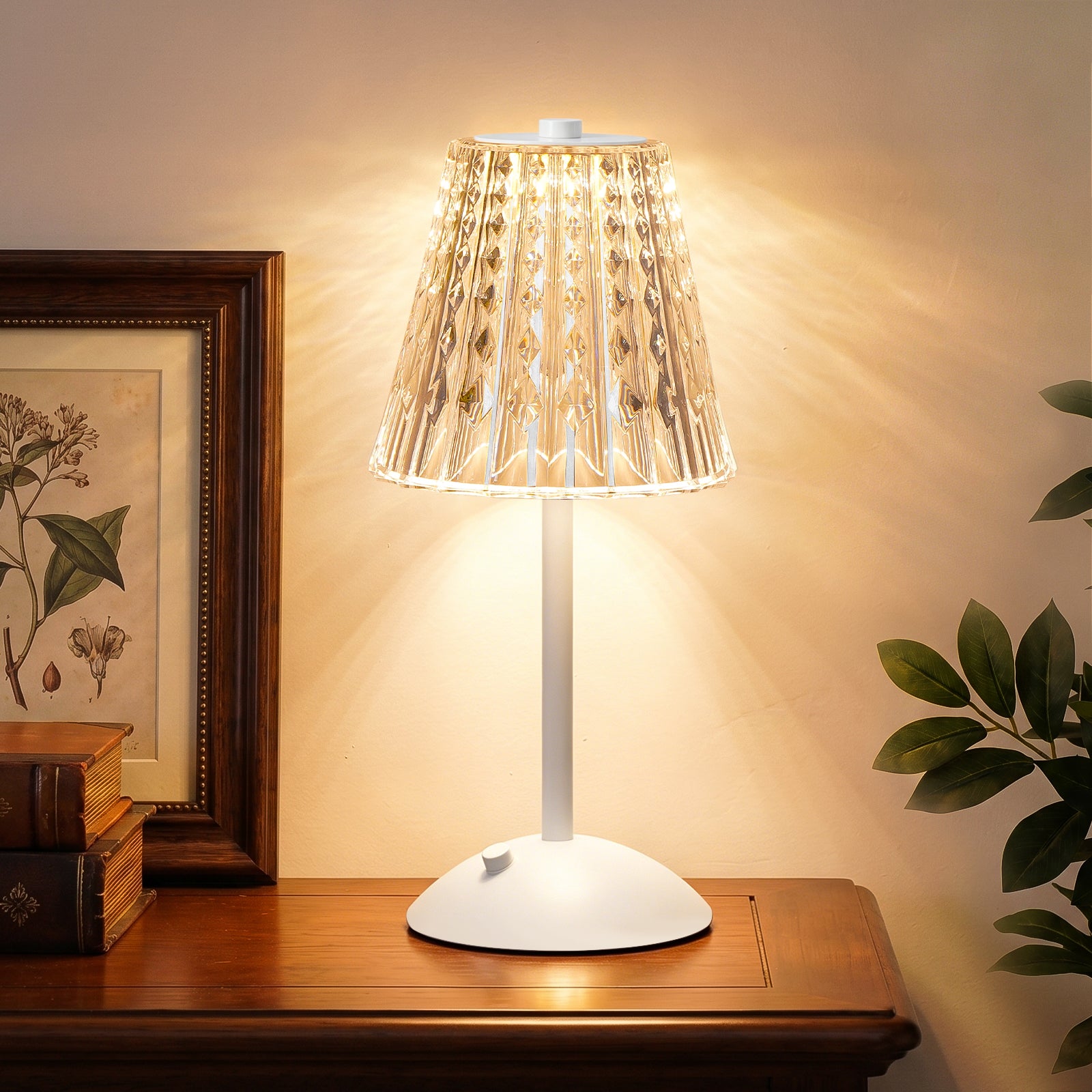 Cordless Touch Table Lamp, LED Rechargeable Small Dask Lamp, 3 Colors Dimmable Battery Operated Crysta Lamp for Bedroom Restaurant Kitchen Home Decor, White