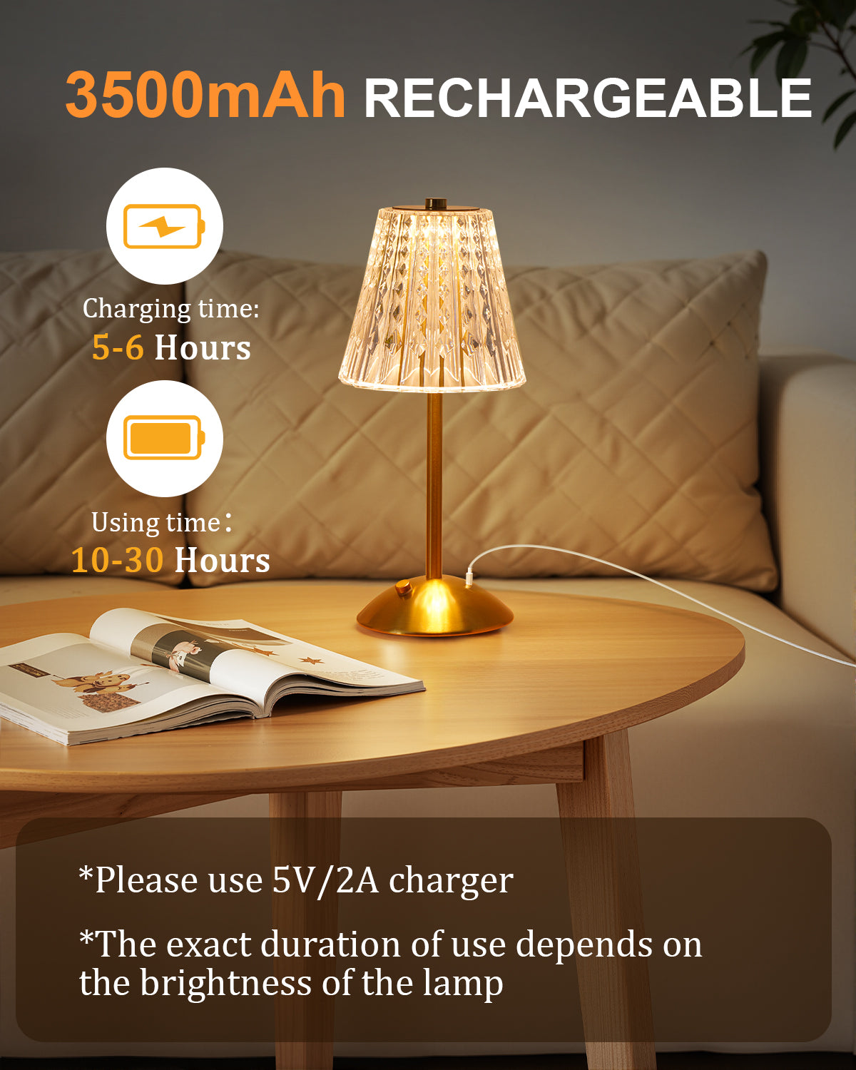Rechargeable Cordless Table Lamp, Touch Control Crystal Desk Lamp with 3500mAh Battery, 3 Color Dimmable LED Small Lamp for Bedroom Bedside Restaurant Kitchen Home Decor, Gold