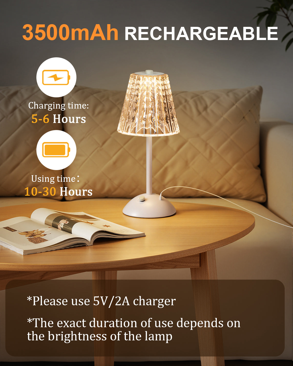 Cordless Touch Table Lamp, LED Rechargeable Small Dask Lamp, 3 Colors Dimmable Battery Operated Crysta Lamp for Bedroom Restaurant Kitchen Home Decor, White