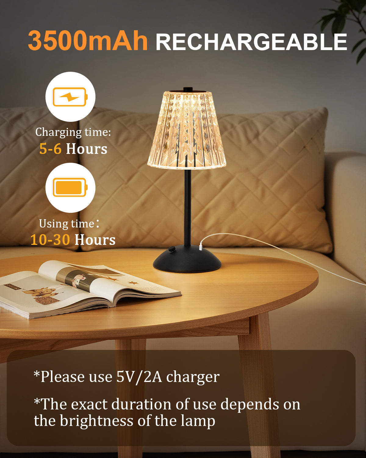 Rechargeable Cordless Table Lamp, Touch Control Crystal Desk Lamp with 3500mAh Battery, 3 Color Dimmable LED Small Lamp for Bedroom Bedside Restaurant Kitchen Home Decor, Black