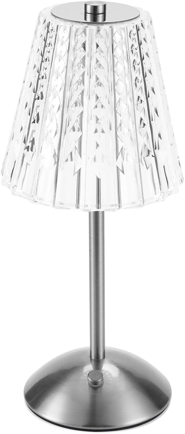 Cordless Touch Table Lamp, LED Rechargeable Small Dask Lamp, 3 Colors Dimmable Battery Operated Crysta Lamp for Bedroom Restaurant Kitchen Home Decor,Silver